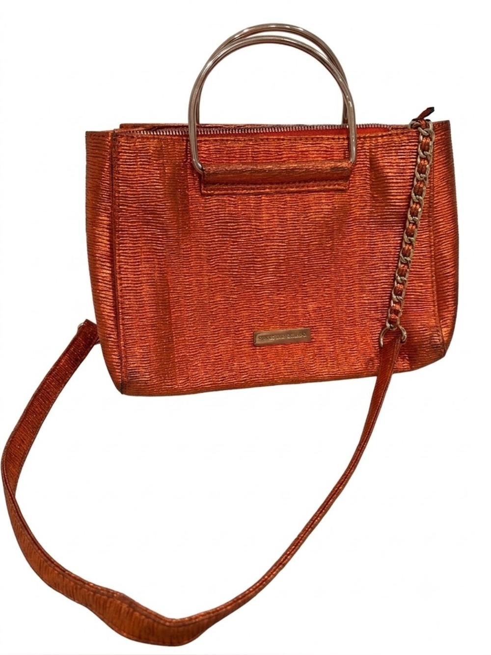 Christian Siriano Metallic Orange Top Handle Chain Crossbody Crinkle Texture Bag